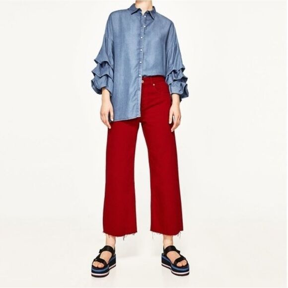 ZARA WOMAN Lyocell Chambray Ruffle Sleeve Top XS - Picture 8 of 8